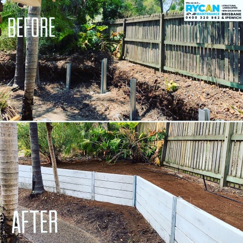 Rycan Retaining and Earthworks Before and After Concrete Sleeper Retaining Wall Karana Downs