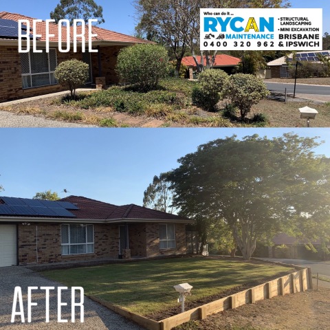 Rycan Retaining and Earthworks Before and After Turfing and Timber Sleeper Retaining Wall