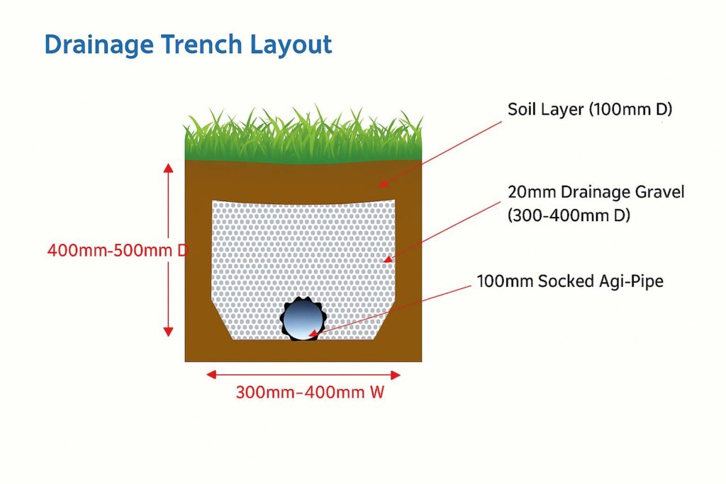 Retaining wall drainage diagram showing spoon drain trench with gravel and agi pipe